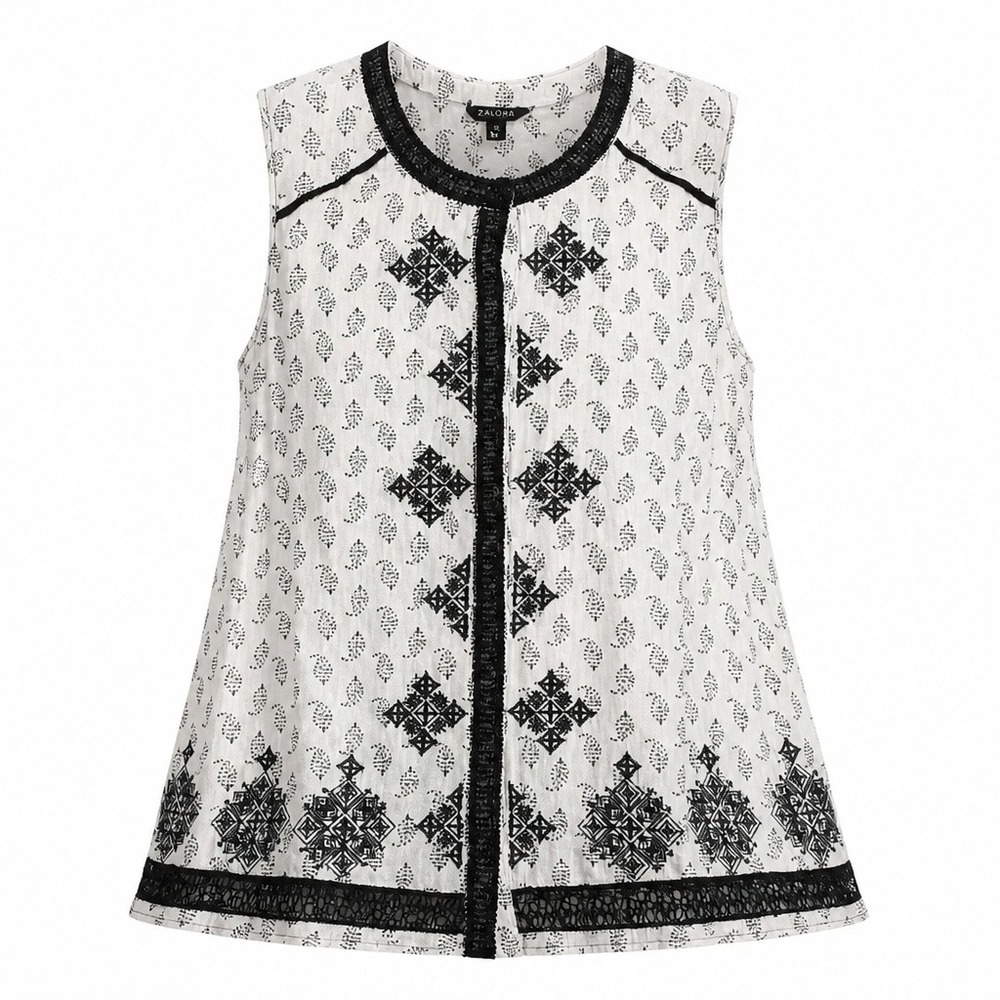 Lucky Brand Women 1X White Black Embroidered Lace Trim Sleeveless Boho Top